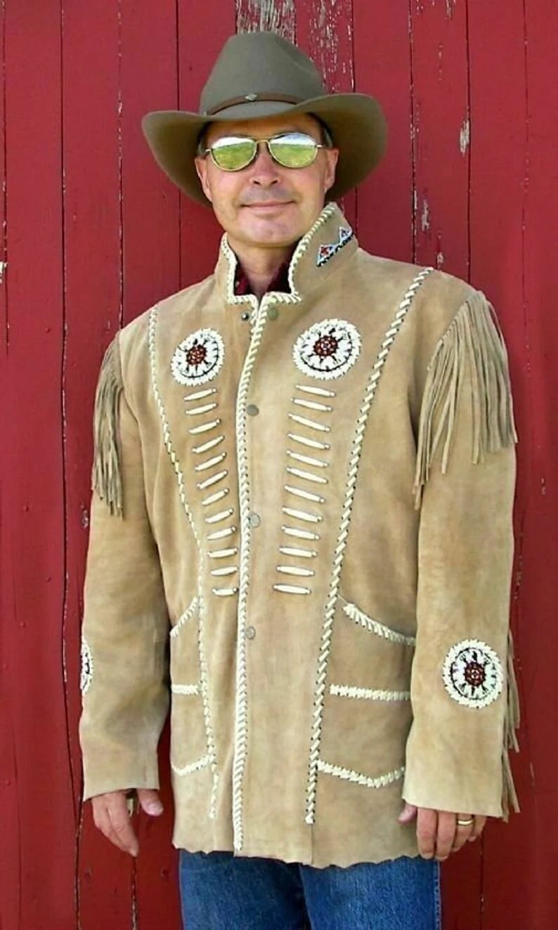 Men's New Beige Western Native American Suede Cow Leather Jacket